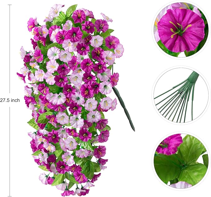 Artificial Fake Hanging Flowers Plants for Outdoor Decoration, 2PCS Faux Silk Morning Glory Long Vines Stems UV Resistant Look Real for Outside Home Porch Patio(Violet)