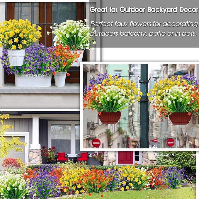 TURNMEON 20 Bundles Artificial Flowers for Outdoors Fake Plants Spring Decor, UV Resistant Artificial Plants Cemetery Flowers Faux Plastic Greenery Shrubs for Porch Yard Summer Decor 500 Heads(Yellow)