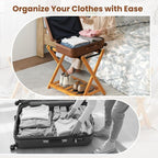 Goplus Luggage Rack for Guest Room Set of 2, Folding Suitcase Stand with Storage Shelf, Acacia Wood Frame & 5 Nylon Straps, Fully Assembled 27" Luggage Stand for Bedroom, Hotel, Holds up to 200 LBS
