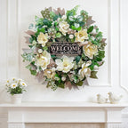 Spring Summer Wreaths for Front Door Outside 26 Inch, Magnolia Summer Wreath with Ribbons and Welcome Sign, Farmhouse Outdoor Spring & Summer Door Wreath for Front Door, Neutral Floral Decor