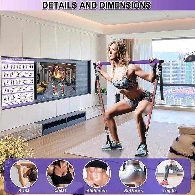 Portable Pilates Bar Kit with Resistance Bands for Men and Women - 3 Set Exercise Resistance Bands - Multifunctional Home Gym - Supports Full-Body Workouts – with Fitness Poster and Video
