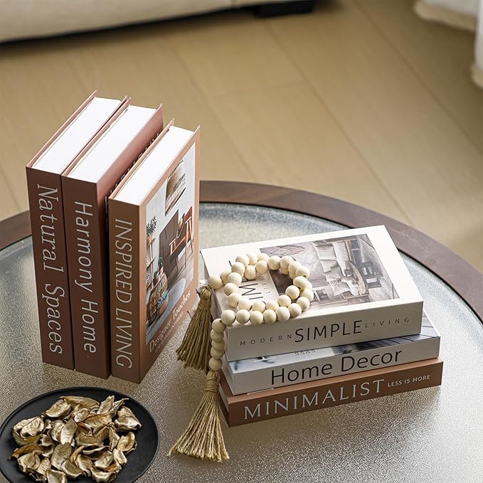 Menkxi 6 Aesthetic Decorative Books Set with Tassel Wood Bead Coffee Table Decor Faux Books with Simple Design for Modern Home Decor Inspired Living Decoration Photo Storage and As a Keepsake Box