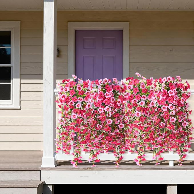 Artificial Hanging Flowers Plants for Outdoor Spring Summer Decoration, 2PCS Faux Silk Morning glory UV Resistant Look Real for Outside Home Indoor Planter Porch Garden Yard Decor(Rose Red Pink)