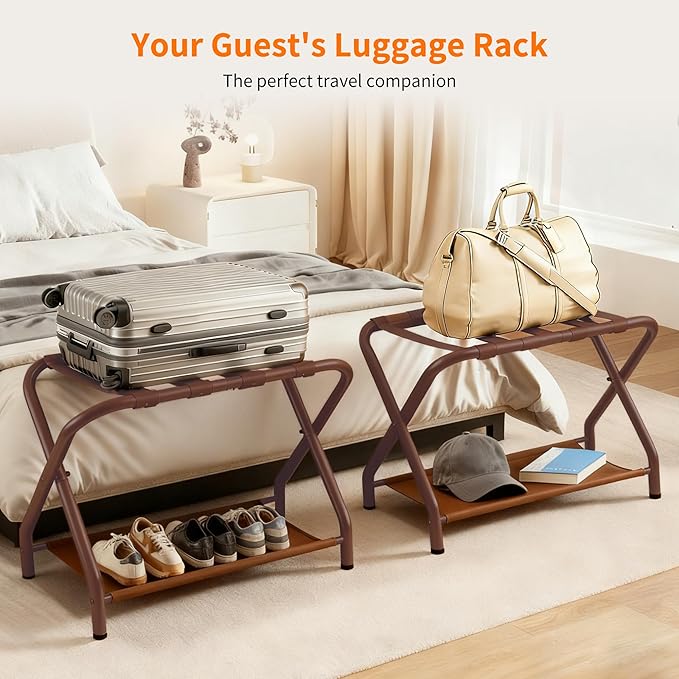 Heybly Luggage Rack for Guest Room, Pack of 2, Steel Folding Suitcase Stand with Storage Shelf for Bedroom, Hotel, Foldable Steel Frame, Guest Room 26.2" L x 14.4" W x 20.5" H, Brown HLR004Z2