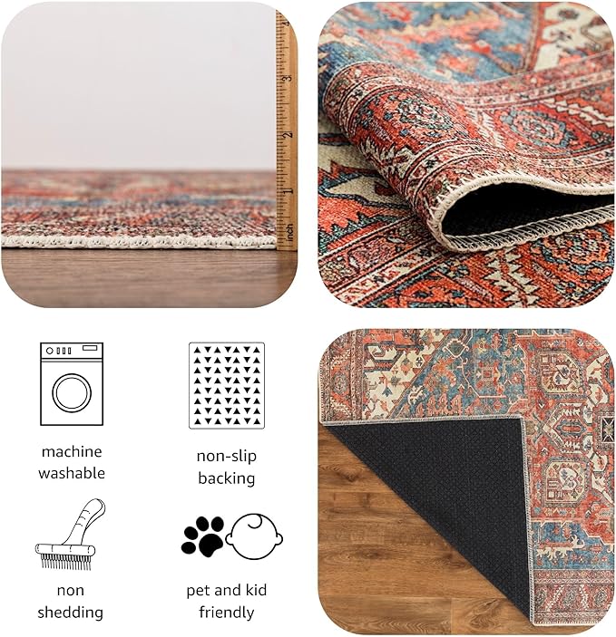 Keen Home Design 8x10 Rug - Machine Washable Area Rug with Non-Slip Backing, Ideal for Living Room, Dining Room, Bedroom - Vintage, Easy Clean, Durable, Low Pile Rug - (8' x 10')