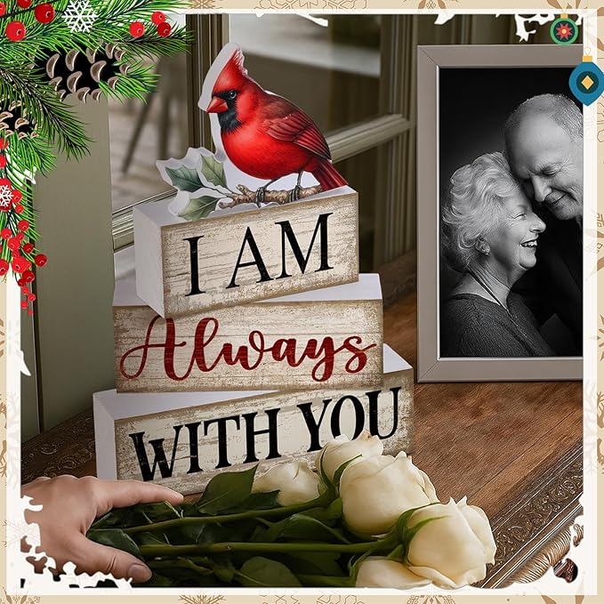 4 Pieces Cardinal Gift Decorations Wooden Red Cardinal Sign for Loss of Loved One Tiered Tray Decor I Am Always with You Sign Sympathy Remembrance Memorial Gifts for Home Kitchen Shelf Tabletop