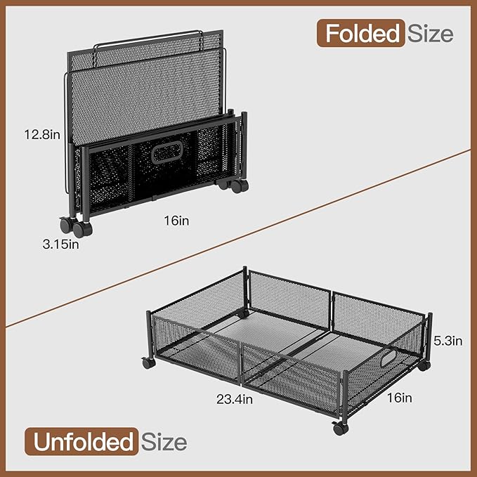 Under Bed Storage with Wheels, Foldable Metal Mesh Underbed Storage Container Bins, Tool-free Assembly Clothes Drawer Organizer,2Pack