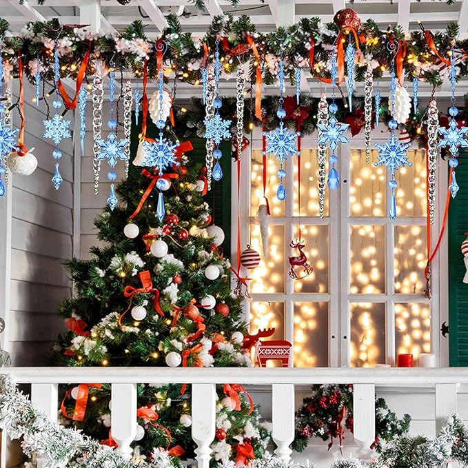 Giegxin 32 Pcs Crystal Christmas Ornaments Crystal Hanging Snowflakes Acrylic Xmas Tree Icicle Drop Decorations with Hooks for Christmas Snow Party Winter(Dark Blue)