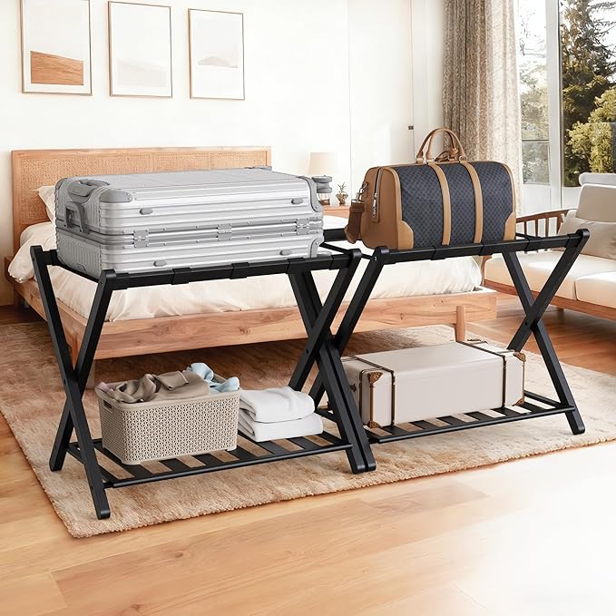 Black Luggage Racks Set of 2, Bamboo 26.77" Luggage Rack Stand for Guest Room, 5 Nylon Straps, Foldable Suitcase Stand with Storage Shelf for Bedroom Hotel, Holds up to 165 Lbs