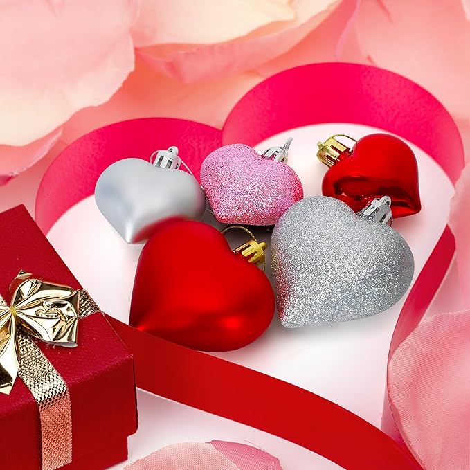 36PCS Heart Ornaments, 2 Sizes Shaped Hanging Ornaments in Red Pink Silver Colors, Glossy Baubles for Love Day Decor, Decorations for Wedding Party
