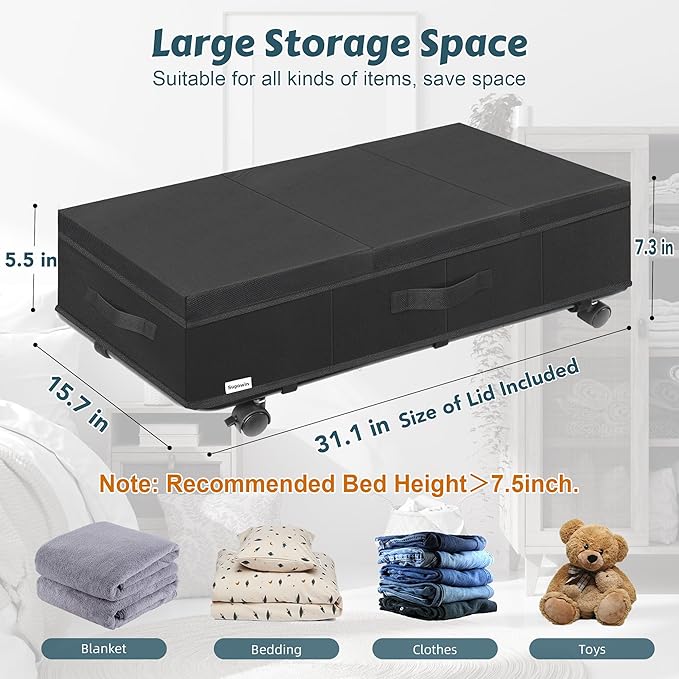 Under Bed Storage with Wheels, Rolling Underbed Storage Containers with Lids, Under Bed Shoe Storage Bins Organizer with Reinforced Metal Bottom Support and Three Handles