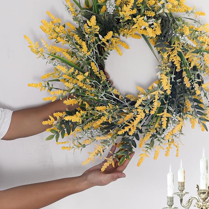 26'' Large Lavender & Eucalyptus Wreath for Front Door Window - Artificial Eucalyptus Leaves Greenery Outdoor Wreath for Wedding Farmhouse Porch Wall Room Home Decor (Yellow)