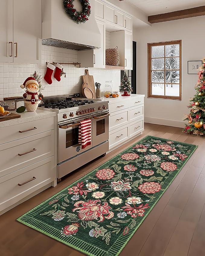GarveeHome Forest Green Floral Botanical 2.5x8 Washable Kitchen Runner Rugs Non Slip Vintage Boho Cottage Long Rug for Hallways Bedroom Entryway Bathroom Mat with Rubber Back