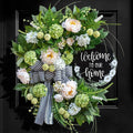 Spring Summer Wreaths for Front Door, Half Circle Summer Wreath with Hydrangea & Peony, Striped Bow & Welcome Sign – 24 Inch Indoor/Outdoor Seasonal, Housewarming & Festive Spring Door Wreath Decor