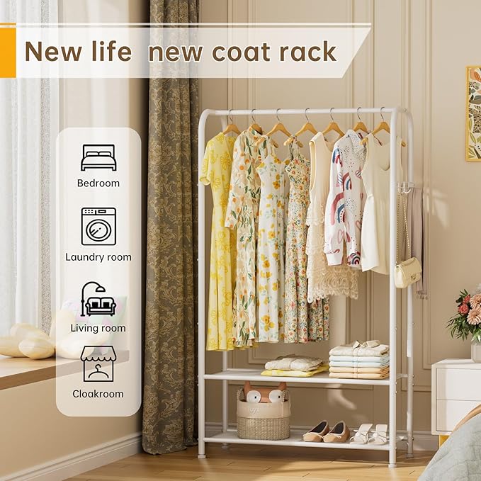Clothes Garment Coat Rack Drying Clothing Racks Metal Freestanding for Hanging Clothes Portable Closet for Laundry Bedroom White