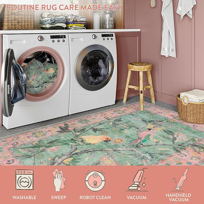 Lahome Botanical Birds Pink Rugs for Bedroom Girls, 5x7 Washable Living Room Dining Room Rugs for Under Table, Vintage Indoor Carpet Throw Nursery Carpet for Kids Classroom (5x7ft,Pink)