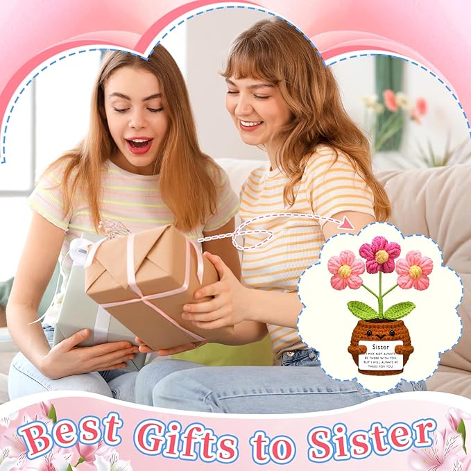 Wavwavw Sister Gifts Handmade Crochet Doll with Card Crochet Present for Sisters Sis Big Little Sister Birthday Wedding Home Decor(Pink Flowers)