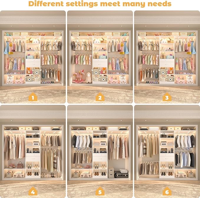 Closet System - 8FT Closet Organizer System with Wooden Drawers, 96" Closet Systems for Walk-In Closets with Cuttable Hanging Shelving, White