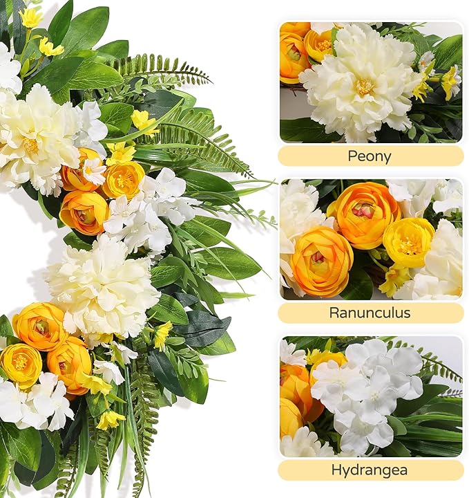 Summer Wreath for Front Door, 24 Inch Summer Wreath Floral with Peony Ranunculus Hydrangea Flower Summer Door Wreaths for Porch Entryways Wall Window Farmhouse Party Home Seasonal Decor