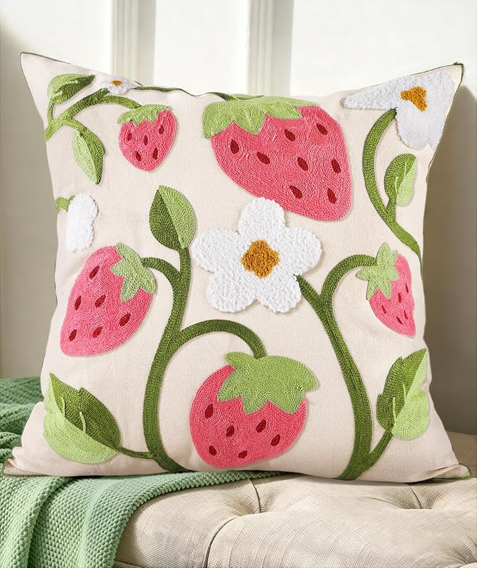 Embroidered Throw Pillow Cover 18x18 Inch - Spring Summer Boho Decorative Pillow Cover with Zipper for Living Room Couch Sofa Bed Aesthetic Design Branch Strawberry Cushion Pillowcase