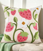 Embroidered Throw Pillow Cover 18x18 Inch - Spring Summer Boho Decorative Pillow Cover with Zipper for Living Room Couch Sofa Bed Aesthetic Design Branch Strawberry Cushion Pillowcase