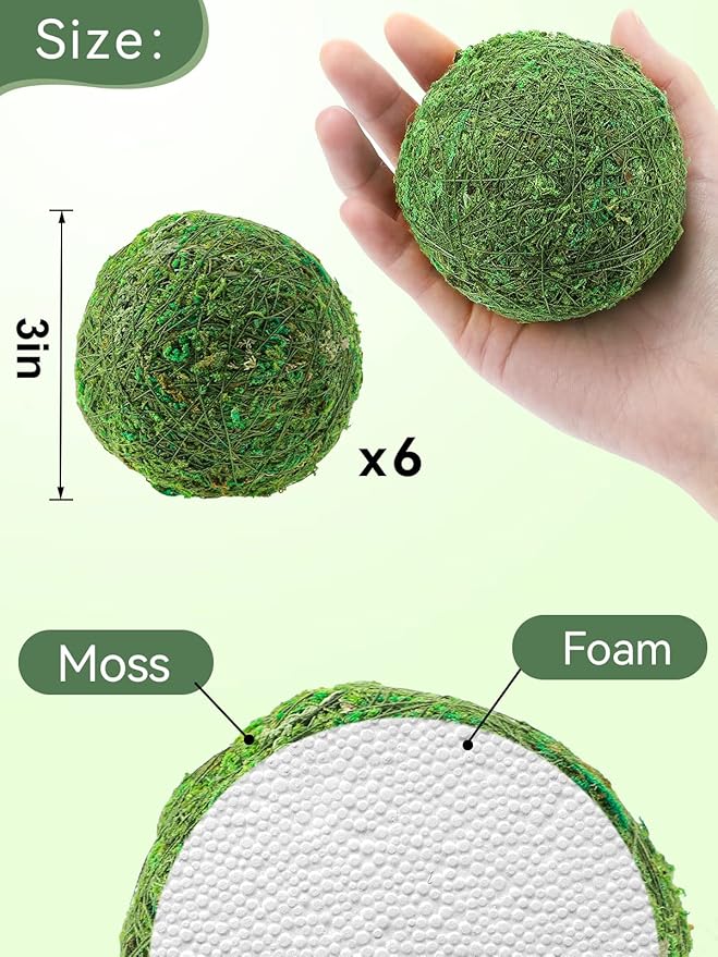 Biubee 6Pack Decorative Faux Dried Moss Balls- 3" Artificial Green Plant Mossy Globes Handmade Sphere Moss Gift for Home Dough Bowl Vase Chinoiserie Decors Party Wedding Display
