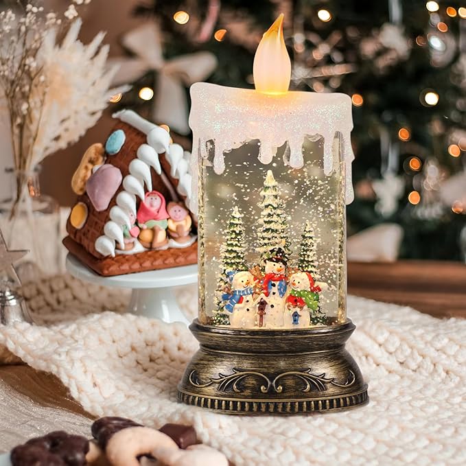 Wondise Rechargeable Musical Snow Globe Lantern with 6H Timer, Battery Operated USB Powered Lighted Snow Globe Lamp Spinning Water Swirling Glitters Holiday Decor Snowman Famliy