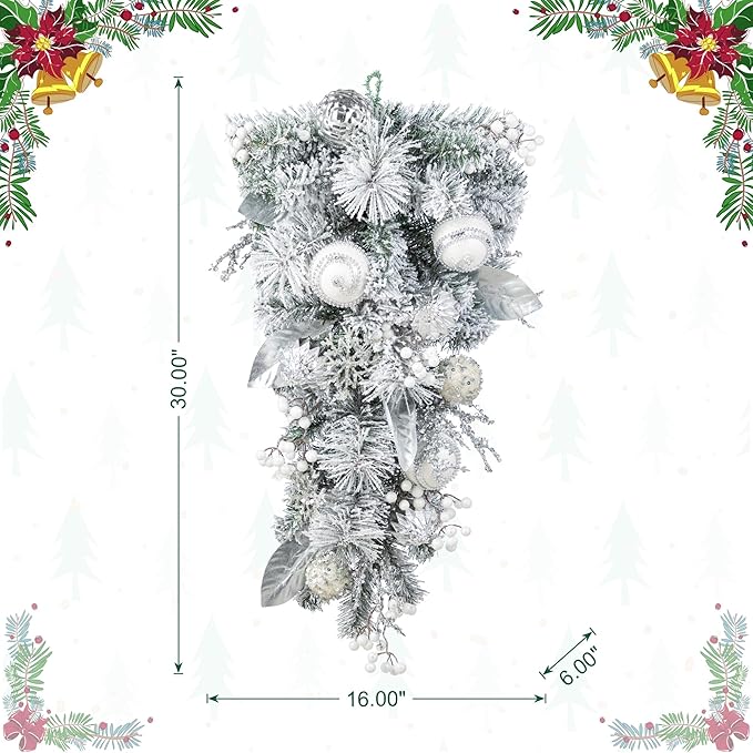 Glitzhome Silver White Christmas Teardrop Swag, 30 Inch Frosted Berry Ornament Garland Indoor Holiday Elegant Door Hanging Display with Ring for Fireplace Mantle Staircase Entryway