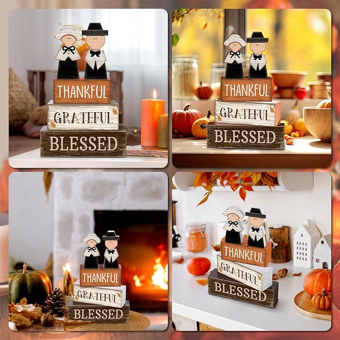 Lineshading 4 Pcs Fall Table Decoration Wooden Pilgrim Couple Decor Thanksgiving Tiered Tray Decor Fall Centerpiece Rustic Decorative Pilgrim Block Signs Gift Farmhouse for Home Kitchen Shelf
