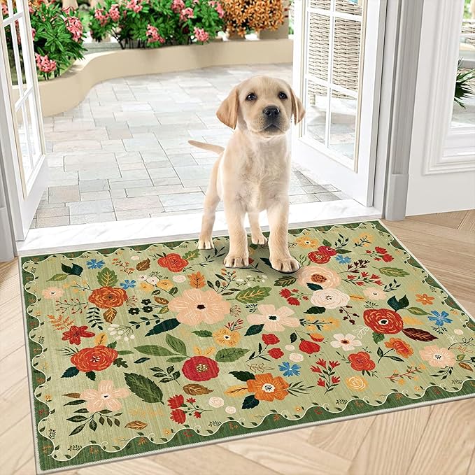U'Artlines Indoor Door Mat Entrance Rug 2'x3'Soft Non Slip Machine Washable Floral Small Area Rug Carpet for Entryway Kitchen Bathroom Bedroom Green