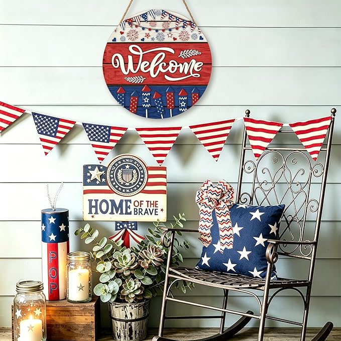 Memorial Day Decorations Door Sign for Front Door, Independence Day Patriotic Wreaths Welcome Sign, Round Wood Hanging Door Sign for Memorial Day 4th of July Patriotic Wreaths Outdoor 12”x 12”