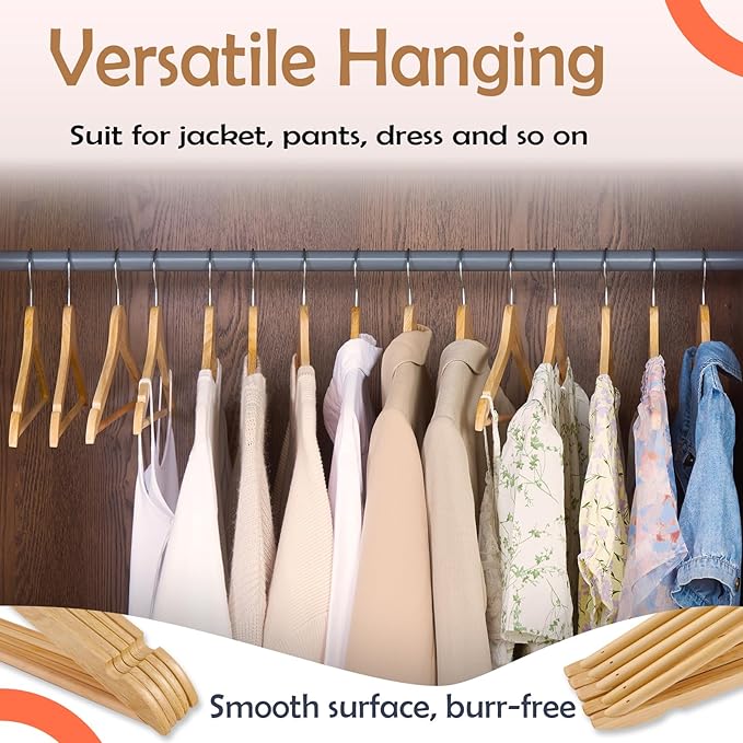 ELONG HOME Solid Wooden Hangers 20 Pack, Wood Suit Hangers with Extra Smooth Finish, Precisely Cut Notches and Chrome Swivel Hook, Clothes Hangers for Shirt Coat Jacket Dress, Natural
