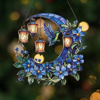Hummingbird Moon Ornament Acrylic Suncatcher, Stained Glass Style Window Hanging with Lantern and Blue Flowers, 4.5 Inch Decorative Home Decor, Gift for Women, Christmas Ornament(Sun-37)