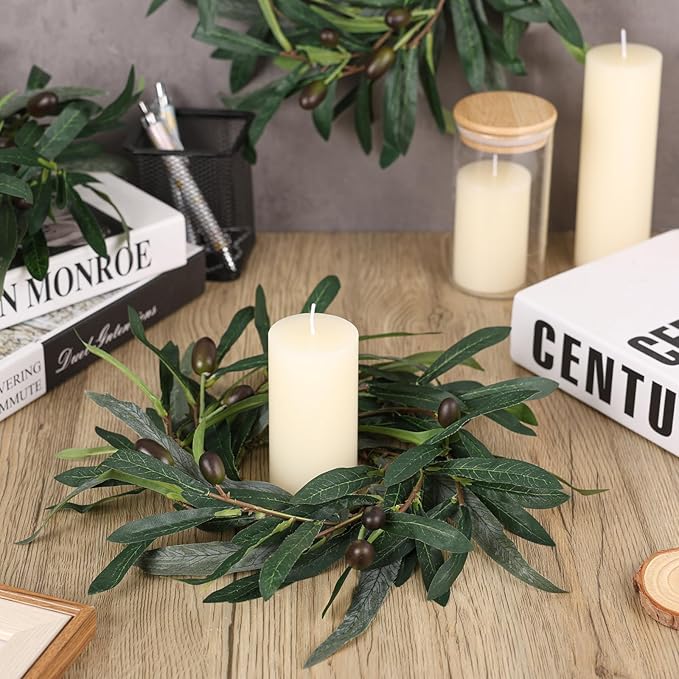 4 Pcs Artificial Green Olive Wreaths Greenery Wreath with Olive Leaves Mini Green Kitchen Cabinet Wreaths Swag Spring Summer Wreath for Front Door Porch Wall Window Farmhouse Wedding Decoration