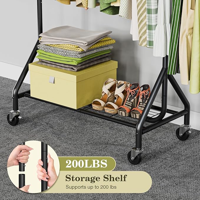 Clothes Rack Load 450 LBS, Heavy Duty Garment Rack, Standing Rolling Metal Hanging Clothes with Sturdy Wheels & Shelves, Black