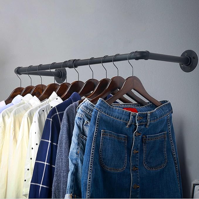 WEBI Clothing Rack Wall Mount,32" Industrial Pipe Clothes Rack for Hanging Clothes,Heavy Duty Iron Garment Rack Bar,Retail Display Clothes Rod for Closet,Laundry Room,Black