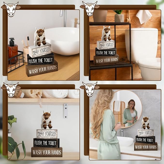 Moucuny 4 Pcs Highland Cow Bathroom Decor Set Funny Rustic Wooden Tiered Tray Signs with Highland Cow Toilet Figurine, Farmhouse Bathroom Shelf Decor, Etiquette Reminders for Restroom Toilet Vanity