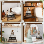 Moucuny 4 Pcs Highland Cow Bathroom Decor Set Funny Rustic Wooden Tiered Tray Signs with Highland Cow Toilet Figurine, Farmhouse Bathroom Shelf Decor, Etiquette Reminders for Restroom Toilet Vanity