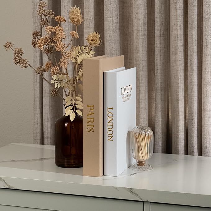 Decorative Books with Storage (Caramel/Beige) – Set of 2 Faux Linen Book Boxes with Gold Stamped Covers – Enhance Your Coffee Table, Bookshelf Decor – Hidden Storage for Photos, Keepsakes, and Jewelry