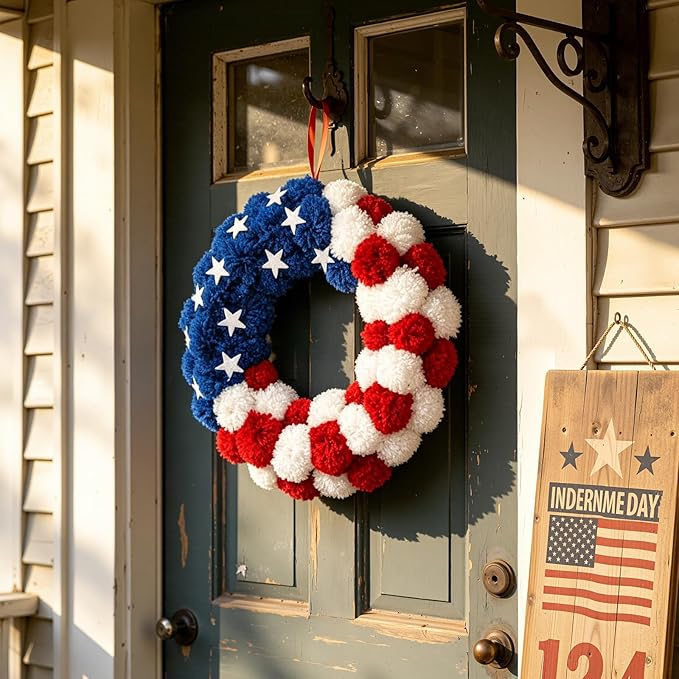Patriotic Wreath 18 Inch American Flag Wreath for Front Door, Americana Plush Ball Red White and Blue with Stars Decor for 4th of July Memorial Day Veterans Day