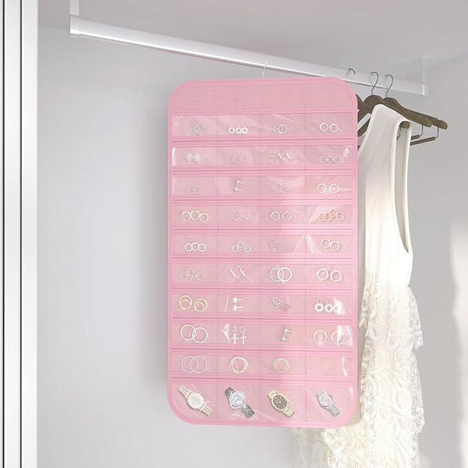 Hanging Jewelry Organizer Storage, 40 Pockets 36 Hooks Necklace Earring Necklace Bracelet Ring Organizer, Double - Sided Design, Pink