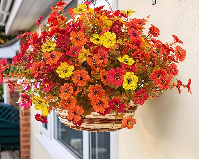 Artificial Mums Fall Flowers for Outdoors, 12 Bundles Artificial Plants Outdoor Fake Flowers UV Resistant, Outdoor Fake Plants Faux Silk Flowers for Porch Outside Planter Window Box Garden
