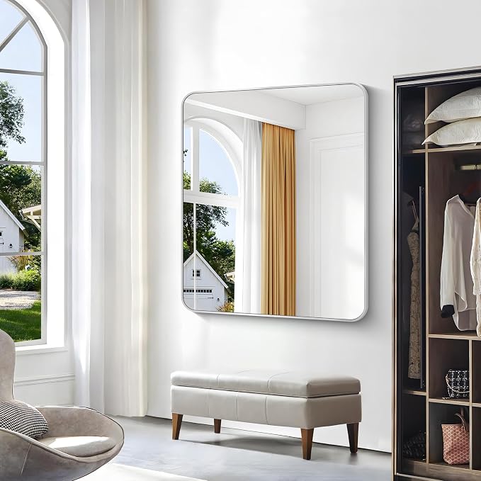 BONEWEI Silver Bathroom Mirror,40x48 inch Wall Mirror for Bathroom Wall Mounted,Rectangle Mirror for Bathroom Over Sink,Modern Frame Round Corner for Living Room,Bedroom Entryway,Horizontal/Vertical