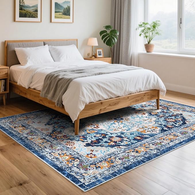 U'Artlines Boho Vintage Area Rug 5x7 Machine Washable Low Pile Soft Floor Carpet Non Slip Non Shedding Accent Rug for Living Room Bedroom Entryway Dining Room Office Blue