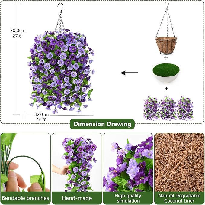 Homsunny Artificial Fake Hanging Flowers Plants Baskets for Outdoor Spring Summer Decorations,Faux Morning Glory Silk Flower for Outside UV Resistant Patio Yard Home Porch Decor(Purple)
