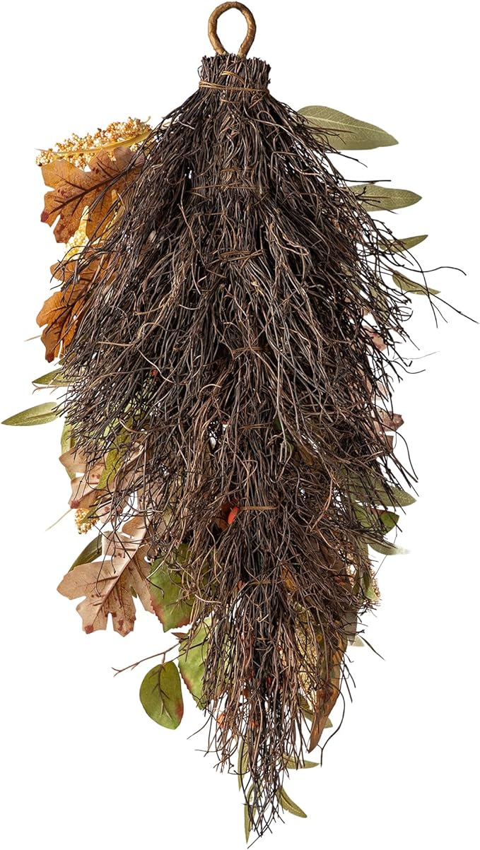 Glitzhome Decorative Teardrop Swag for Front Door, Artificial Wall Swags with Leaf & Pumpkins & Pine Cones & Berries for Home Porch Wall Window Halloween Thanksgiving Indoor Outdoor Decor