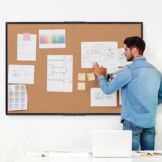 Extra Large Cork Bulletin Board 60" X 48", Foldable Notice Pin Board for Wall, Black Aluminum Framed 5'x4' Corkboard, Wall Mounted Noticeboard with 36 Push Pins for School, Home & Office