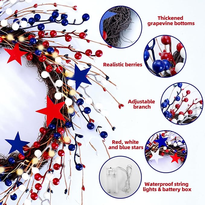 Patriotic Wreaths for Front Door with Lights, 20inch 4th of July Wreaths Red White and Blue Berry Star Summer American Flag Wreath for Independence Day Flag Day Memorial Day Window Wall Decor