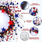 Patriotic Wreaths for Front Door with Lights, 20inch 4th of July Wreaths Red White and Blue Berry Star Summer American Flag Wreath for Independence Day Flag Day Memorial Day Window Wall Decor