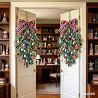 2 Pack 20'' Patriotic Swag Wreaths for Cabinets Artificial 4th of July Teardrop Wreath with Red White Blue Circular and Green Leaves for Independence Day Memorial Day Front Door Porch Window Wall